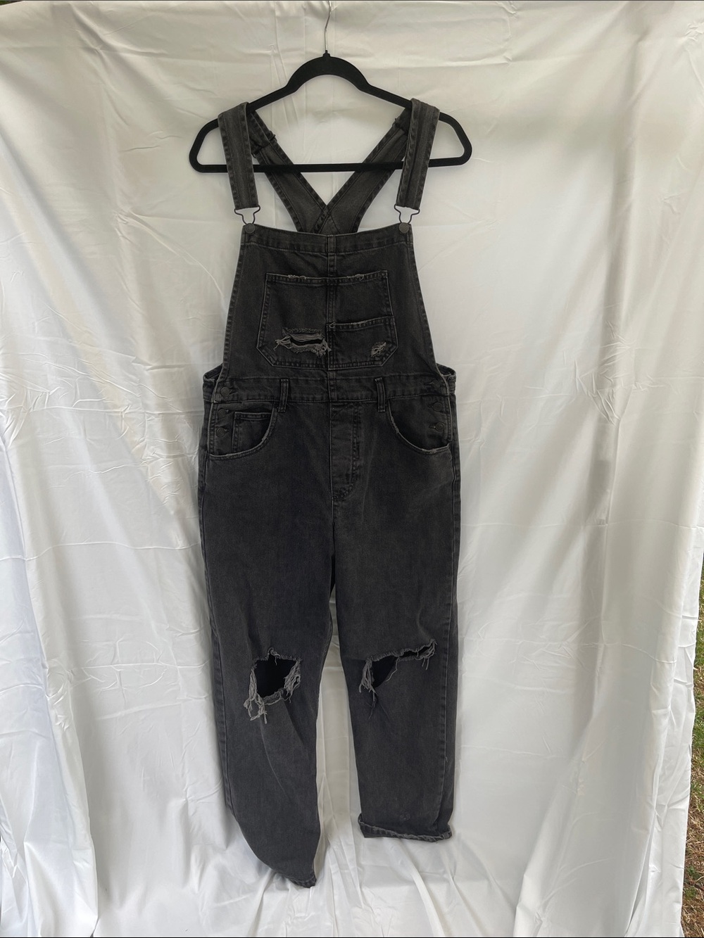 We The Free Black Distressed Denim Overalls Jumpsuit